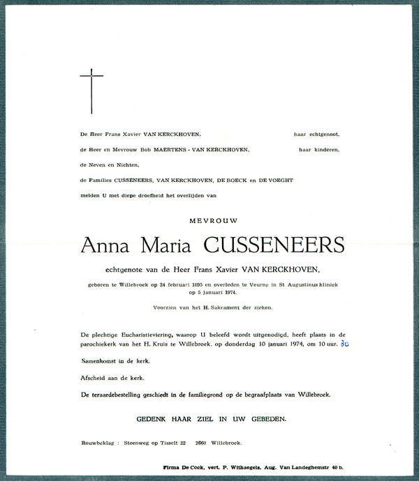 Overlijdensbrief Anna-Maria Cusseneers
